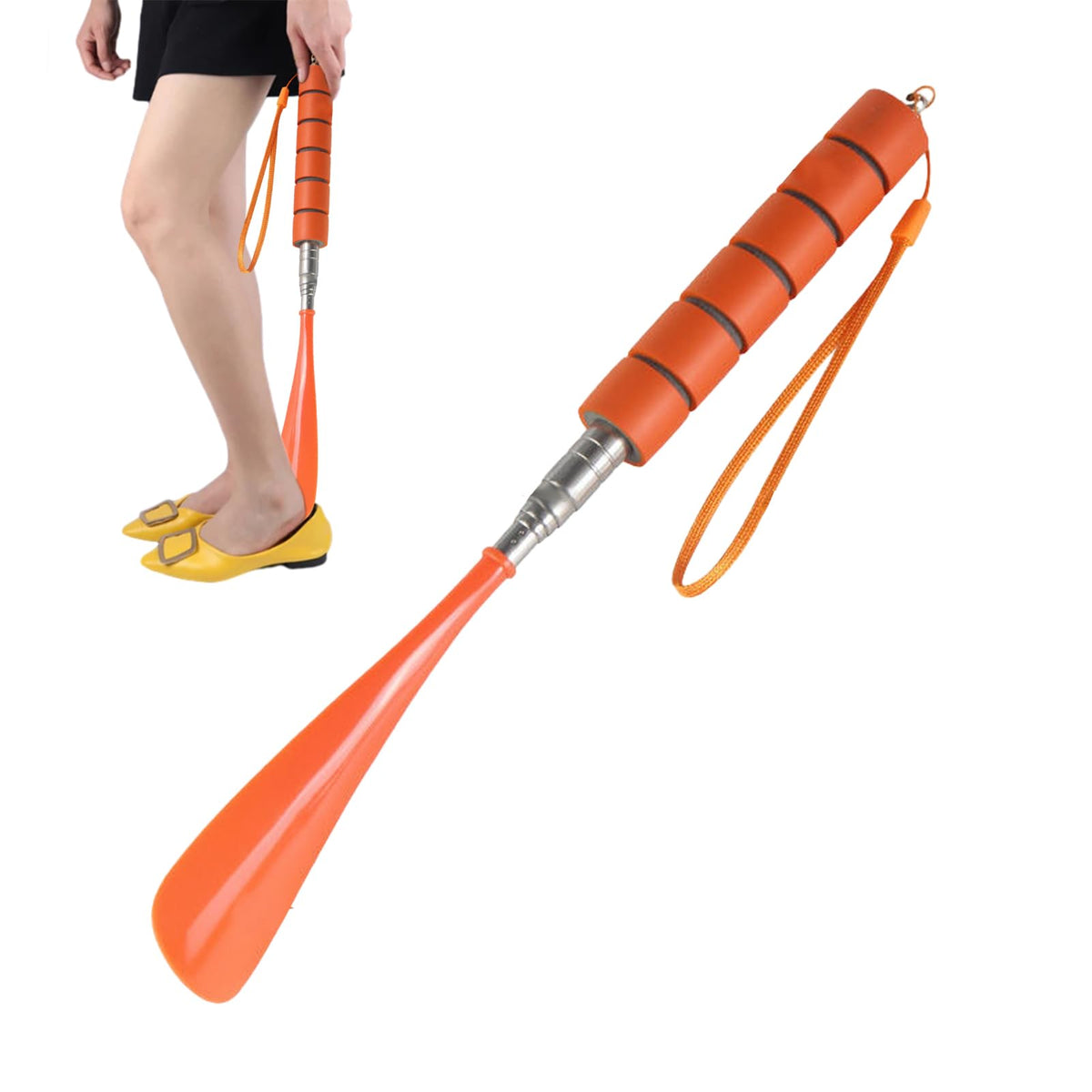 Chave de Sapato de Metal Genérico com Cabo Longo Ajustável de Aço Inoxidável Ferramenta Auxiliar para Homens Mulheres Meninos Meninas 1 Laranja
